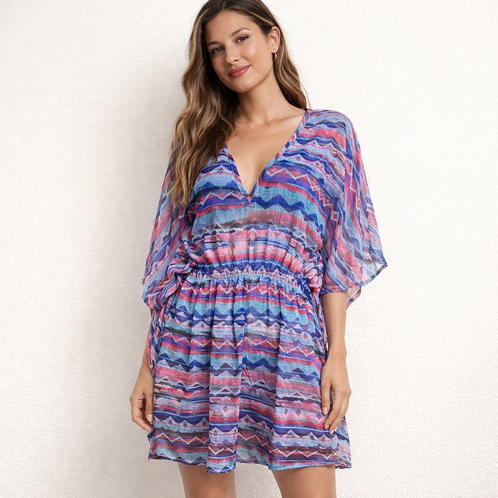 Rays & Waves Chiffon Swimsuit Cover Up – OSFM – Blue Aztec Print – Sheer